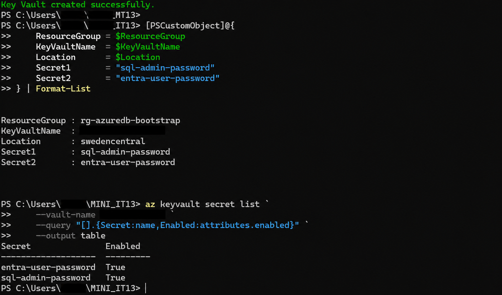 PowerShell terminal confirming the Key Vault and secret names were created