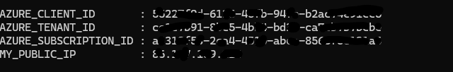 PowerShell output showing redacted Azure deployment identifiers and public IP