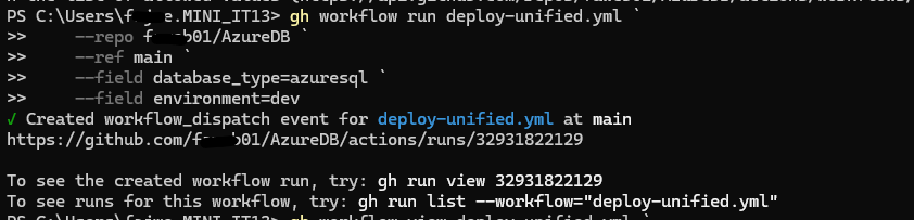 GitHub CLI confirming an Azure SQL deployment workflow dispatch event