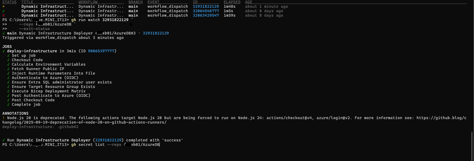 GitHub CLI showing a successful Azure SQL infrastructure deployment job