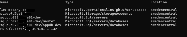 Azure CLI output listing the SQL server, database, Log Analytics workspace and audit storage account