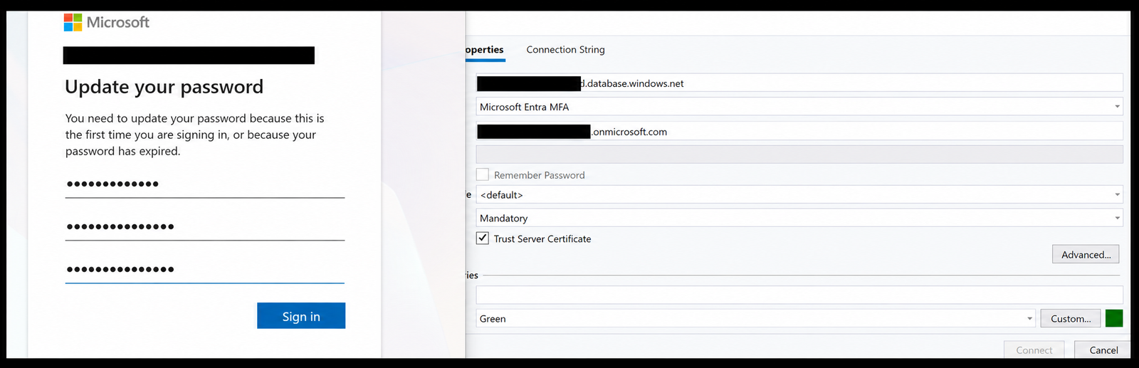 Microsoft Entra password update and SQL Server Management Studio connection screens with account details redacted