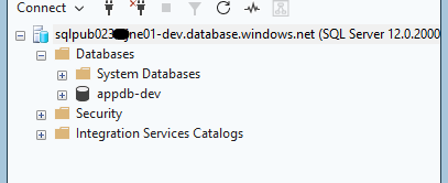 SQL Server Management Studio Object Explorer showing the deployed Azure SQL database