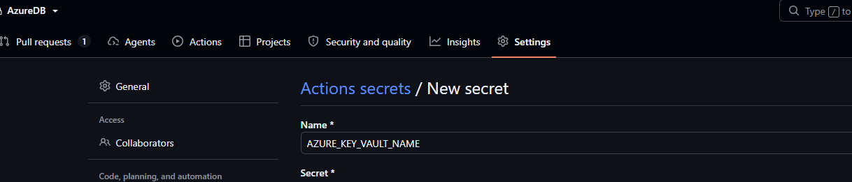 GitHub repository settings screen for an Actions configuration value