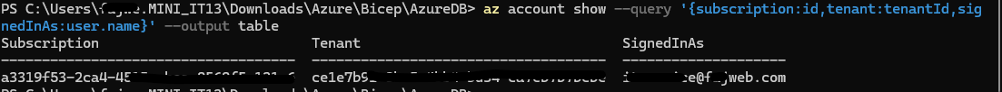 Azure CLI output verifying the selected subscription, tenant and signed-in account
