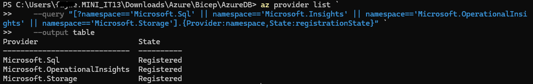 Azure CLI output showing the required resource providers as registered