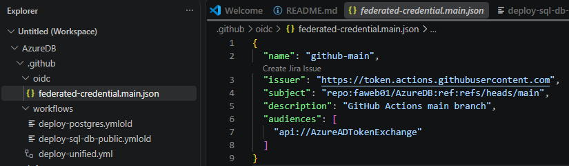 Visual Studio Code displaying the GitHub OIDC federated credential JSON file