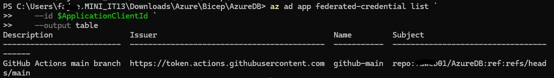 Azure CLI output confirming the GitHub federated credential issuer, name and subject