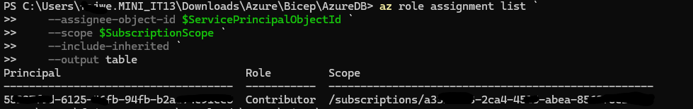 Azure CLI output confirming the deployment service principal role assignment
